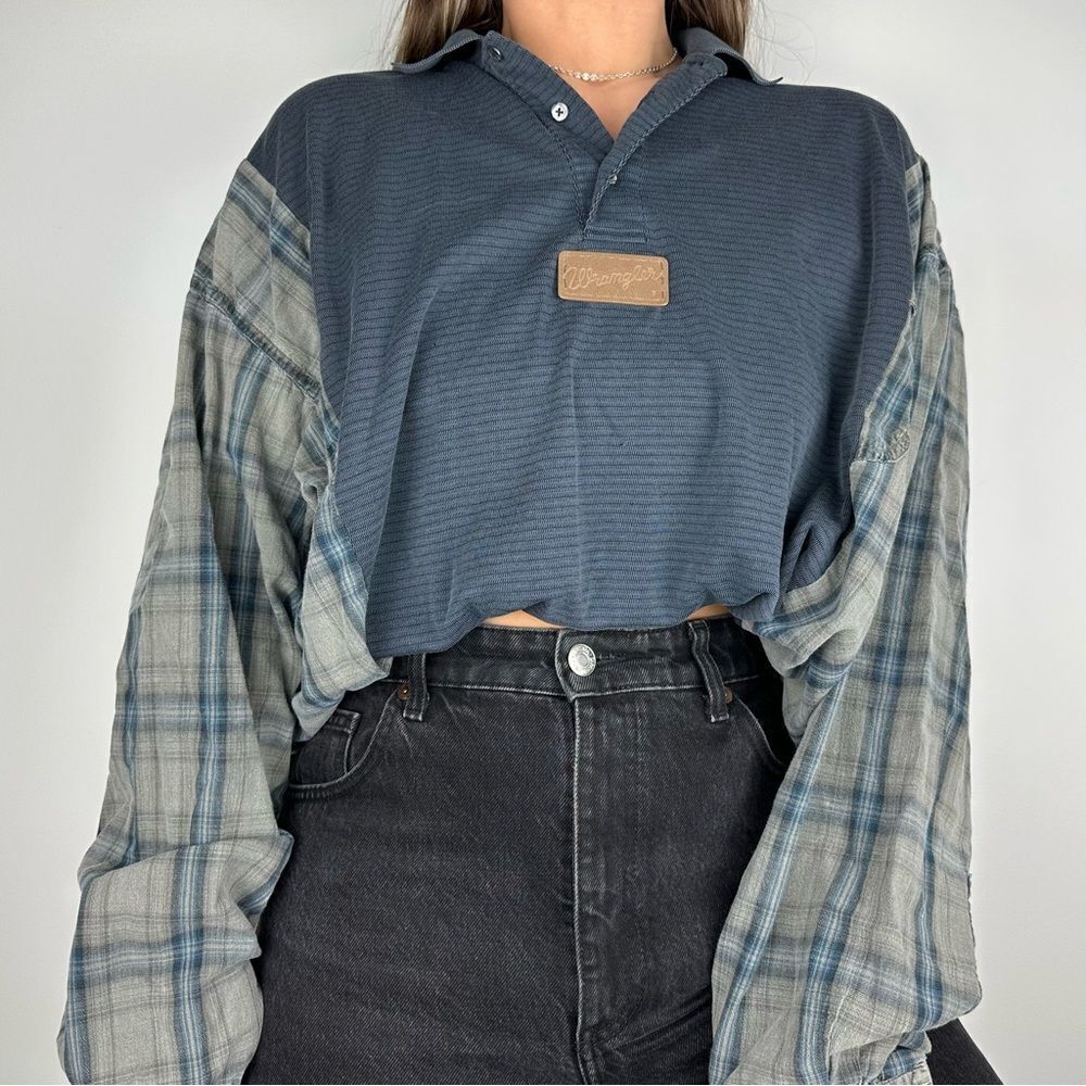 Reworked Wrangler Country Upcycled Blue Long Sleeve Plaid Pullover Shirt Top - Picture 2 of 4